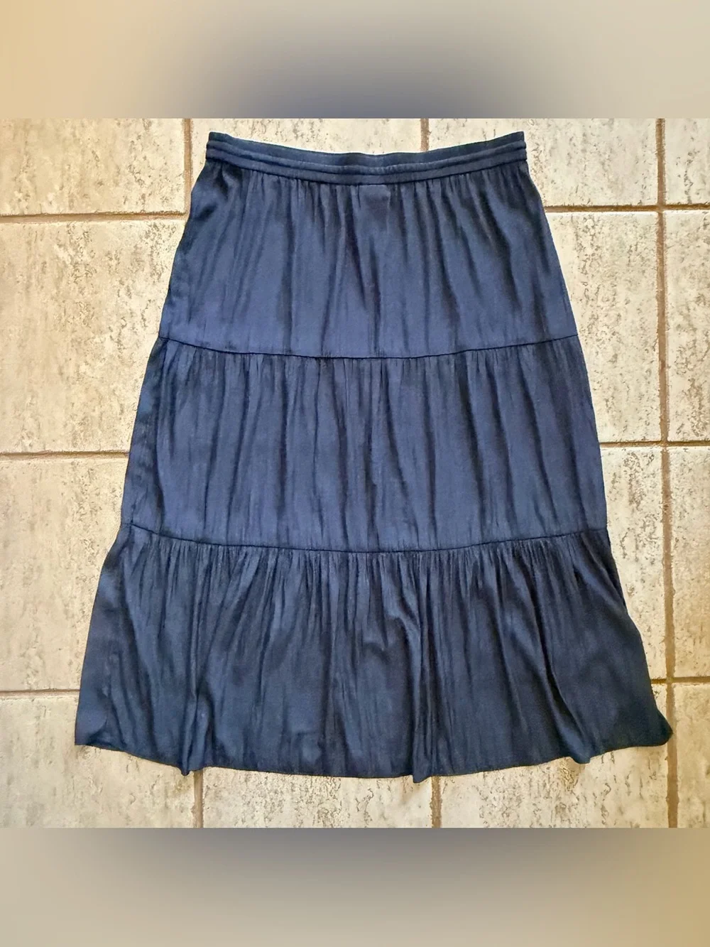J. Jill Navy Blue Crinkle Tiered Maxi Skirt Womens Size XL Elastic Waist Flowy